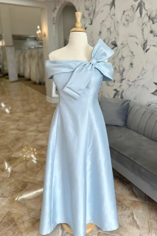 Summer Fashion Off the Shoulder Light Blue Satin Dress with Bow