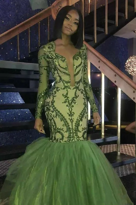 Fashion Essentials Green Sequins Prom Dresses,Sexy Mermaid Long-Sleeves Evening Gowns Y1456