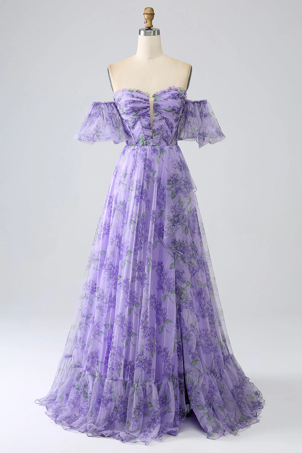 Fashion Sale Amzcw Lavender A Line Off the Shoulder Printed Prom Dress with Removable Sleeves prom dresses with long sleeves