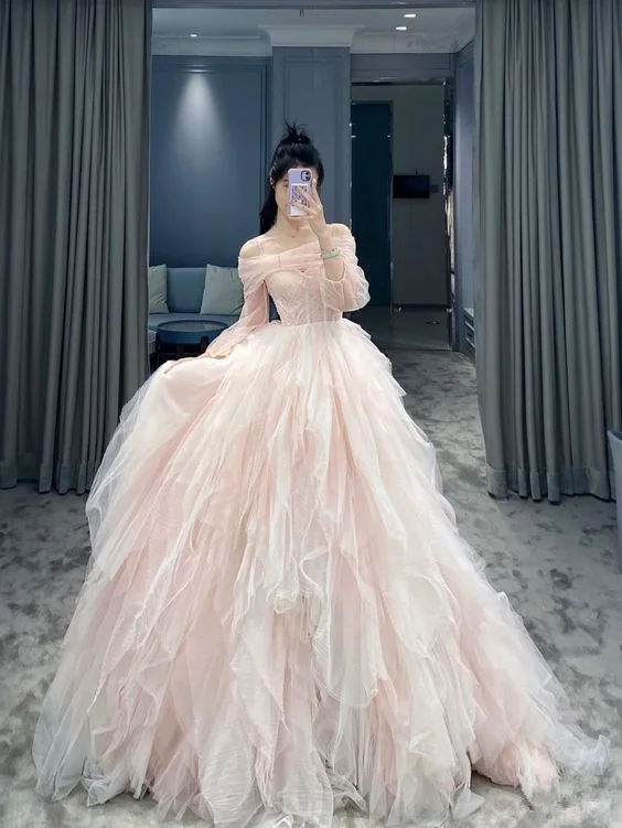 End - Of - Month Blowout Off The Shoulder Pink Tulle Ball Gown,Pink Princess Dress Y5972