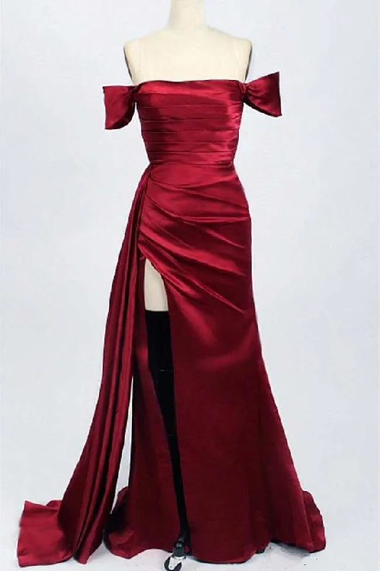 Lighten Up With Nordic Styles Red Satin Off-the-Shoulder Mermaid Long Prom Dress with Slit