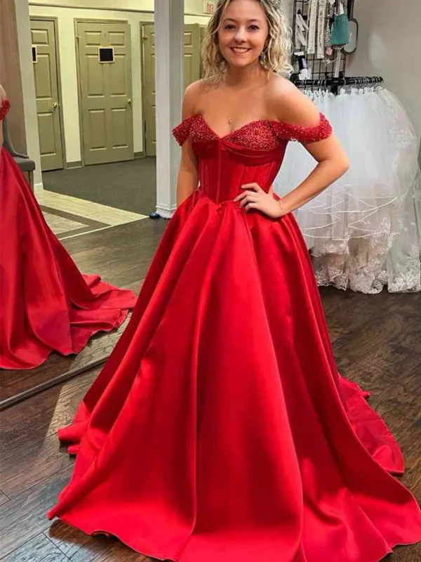 Fashion Deal Off Shoulder Beaded Red/Black Satin Long Prom Dresses, Red/Black Formal Evening Dresses SP2571