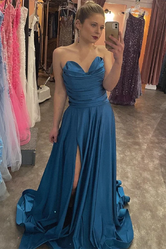 Budget-Friendly Fashion Ink Blue Strapless Satin A-line Pleated Long Prom Dress with Slit