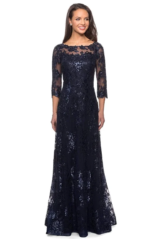 Weekend Sale La Femme - 27885 Lace Quarter Length Sleeve Bateau A-line Dress