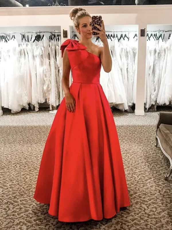 Evening Elegance One Shoulder Floor Length Red Satin Long Prom Dresses, One Shoulder Red Formal Dresses, Red Evening Dresses