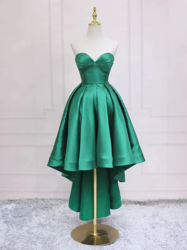 Budget-Friendly Fashion High Low Sweetheart Neck Green Satin Prom Dresses, Strapless Green Homecoming Dresses, Short Green Formal Graduation Evening Dresses SP2718