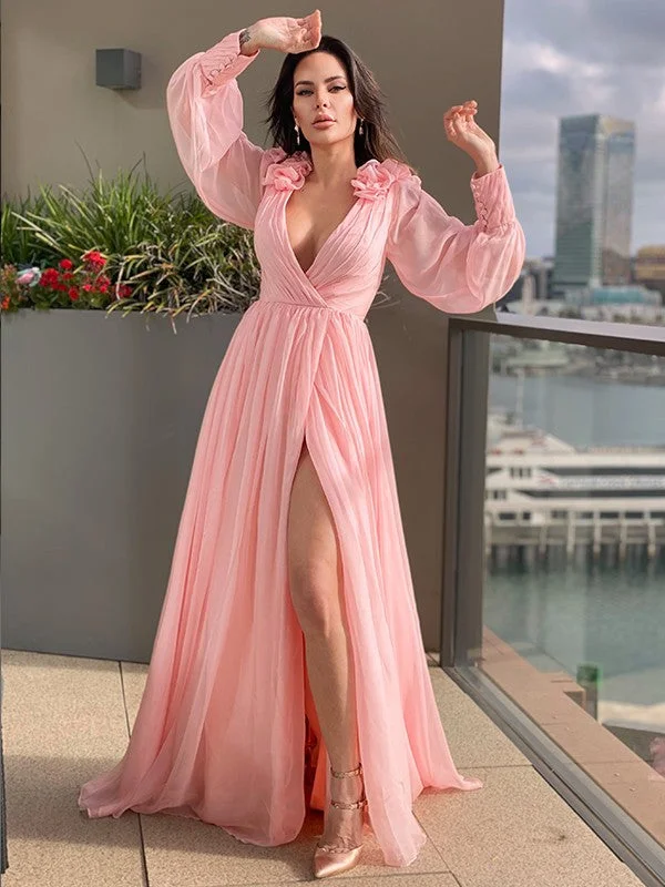 Unbeatable Prices A-Line/Princess 30D Chiffon Ruffles V-neck Long Sleeves Sweep/Brush Train Dresses