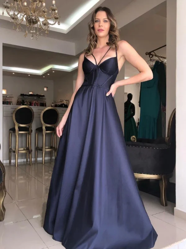 Special Offer Simple V Neck Dark Blue Satin Long Prom Dresses, Open Back Blue Formal Graduation Evening Dresses SP2847