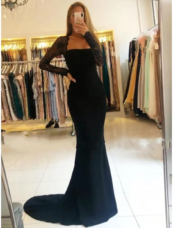 Elegant Style Mermaid / Trumpet Prom Dresses Open Back Dress Formal Court Train Long Sleeve Strapless Stretch Fabric Backless with Beading Appliques