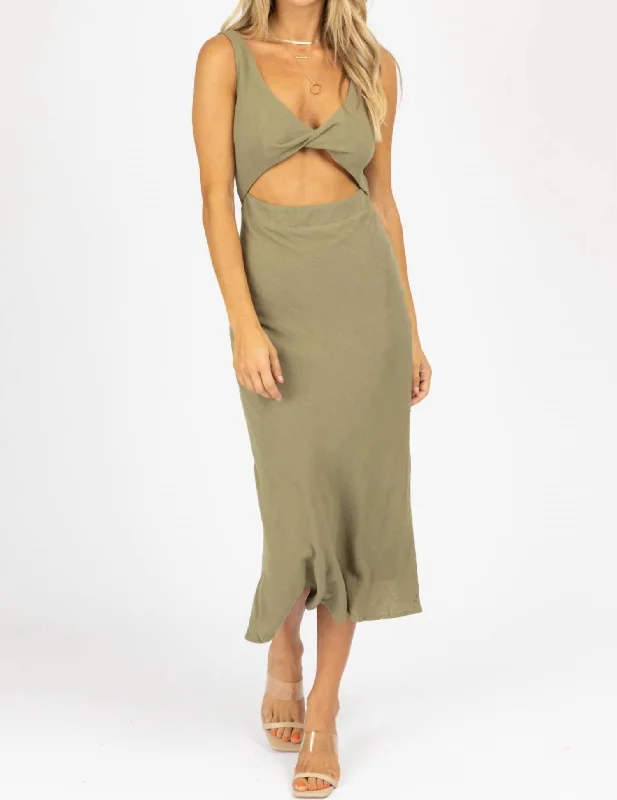 Casual Chic Cotton Open Front Twist Midi Dress In Olive