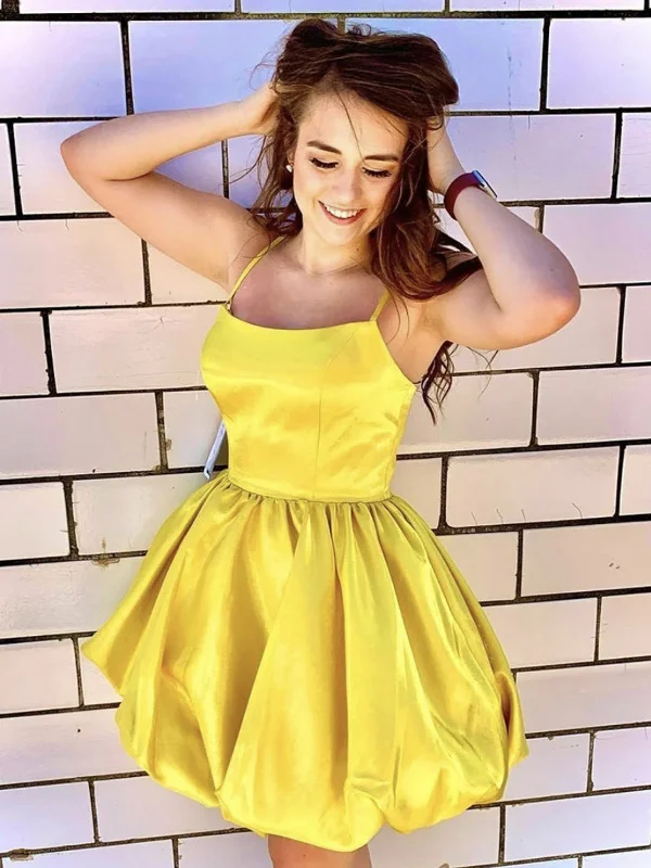 Hot Trends Princess Yellow Satin Short Prom Dresses, Yellow Homecoming Dresses, Short Formal Graduation Evening Dresses SP2430