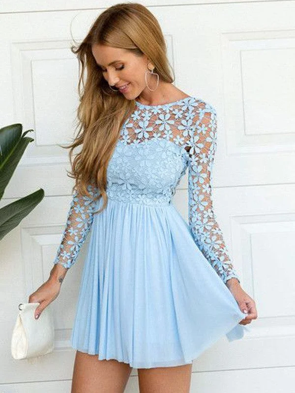 Limited Quantities A-Line/Princess Scoop Long Sleeves Lace Short/Mini Chiffon Dresses