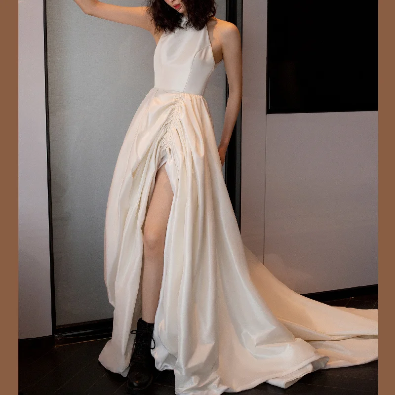 End Of Season Sale Halter High Neck Ruched Wedding Dresses with Leg Slit