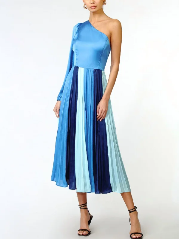 Anniversary Sale Cher One Shoulder Colorblock Midi Dress In Blue