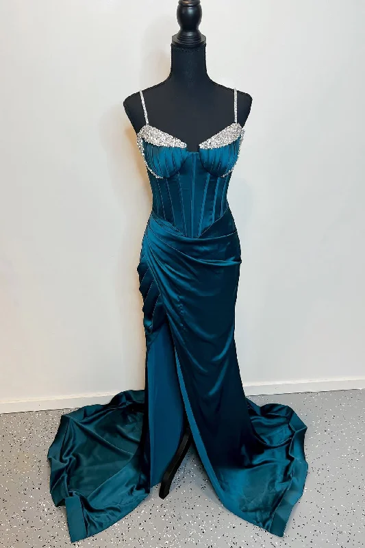 Elevate Your Wardrobe Dark Blue Mermaid Beaded Pleated Satin Long Prom Dress with Slit