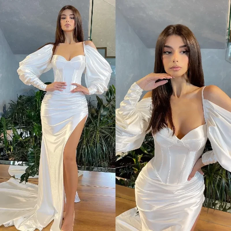 Save On Inspired Styles Elegant White Sexy Split Pleats Mermaid Evening Dresses Sweetheart Long Sleeves Formal Long special occasion Party Prom Dress