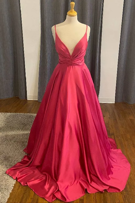 Beat The Heat In Tropical Styles A-Line Red Satin Plunge Neck Long Formal Dress