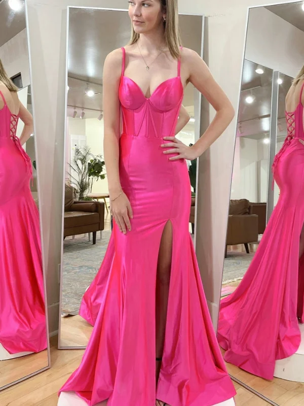 Father'S Day Deals Mermaid Hot Pink Satin Long Prom Dresses with High Slit, Long Hot Pink Formal Graduation Evening Dresses SP2854