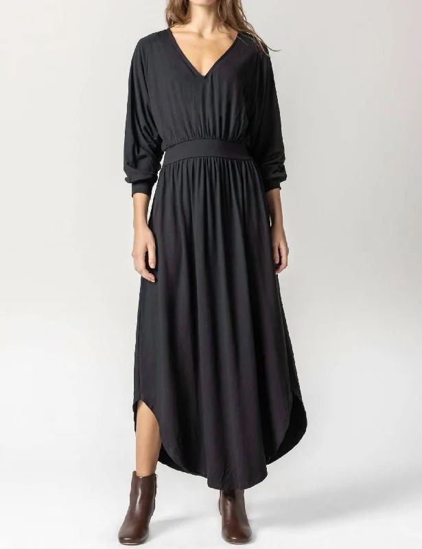 Spring Fling Sale Full Sleeve V-Neck Maxi Dress In Black