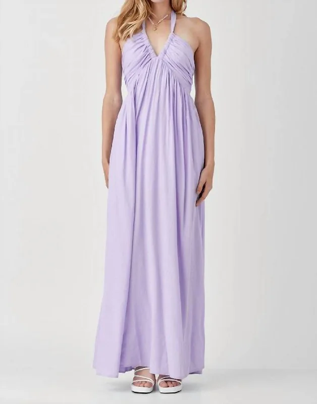 Wardrobe Upgrade The Lexi Drawstring Halter Maxi Dress In Lavender