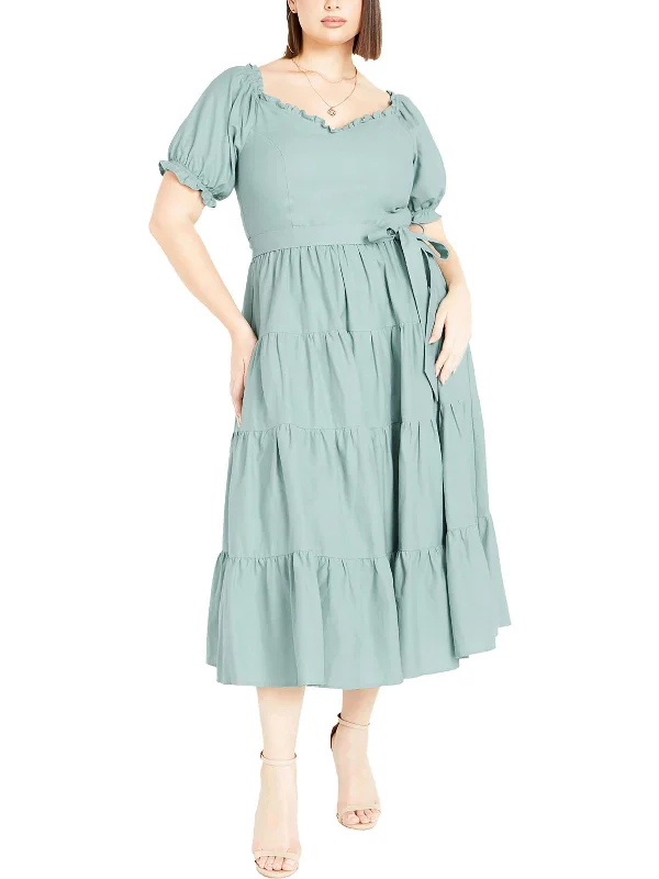 Latest Fashion Plus Womens Linen Blend Tiered Midi Dress