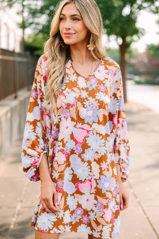 Trendy Styles Loud And Clear Brown Floral Bubble Sleeve Dress