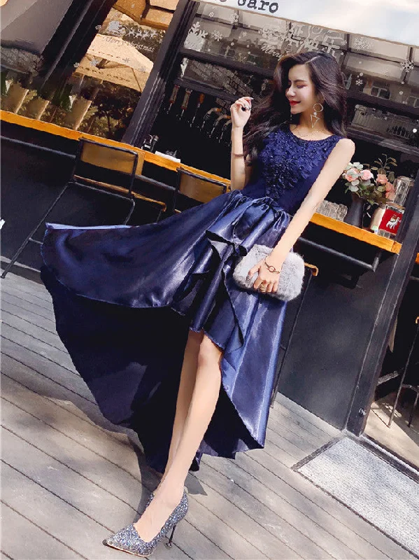 Elegant Style Round Neck High Low Satin Lace Navy Blue Prom Dresses, Red High Low Formal Dresses