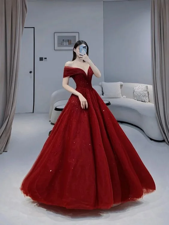 Fashion Forward Off The Shoulder Red A-line Prom Dress,Princess Prom Gown  Y6027