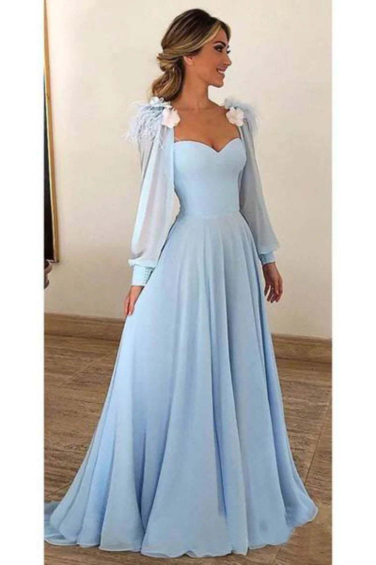 Spring Fashion Prom Dresses Chiffon Long Sleeves Modest Formal Dress