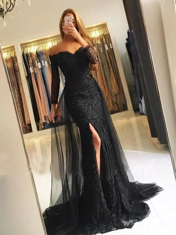 Save On Inspired Styles Trumpet/Mermaid Long Sleeves Off-the-Shoulder Sweep/Brush Train Tulle Lace Dresses