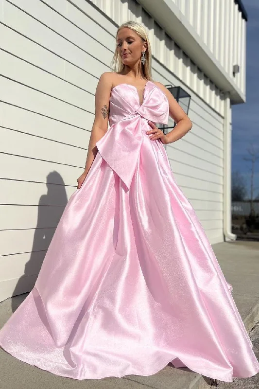 Fashion Forward Strapless Pink Satin A-line Long Formal Dress