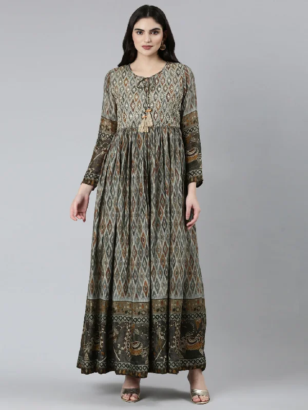 Last Chance Sale Neeru's Olive Straight Casual Floral Dresses