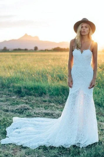 Save Big A Line Bohemian Low V Back Full Lace Beach Garden Bridal Gowns