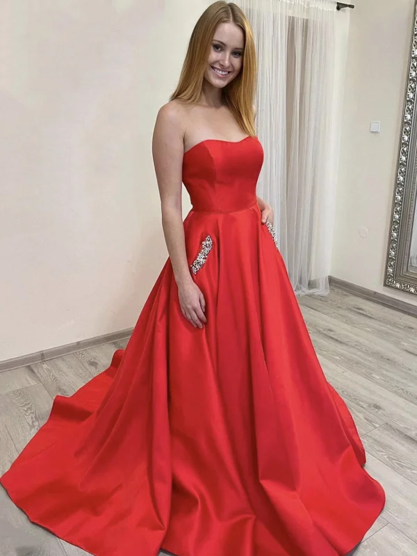 Wardrobe Upgrade Strapless Red Satin Long Prom Dresses with Pocket, Long Red Formal Graduation Evening Dresses SP2108