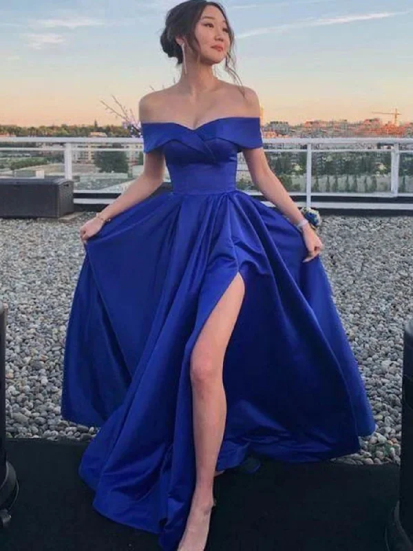 Buy More, Save More Off the Shoulder Blue Satin Long Prom Dresses with High Slit, Off Shoulder Blue Formal Graduation Evening Dresses SP2662