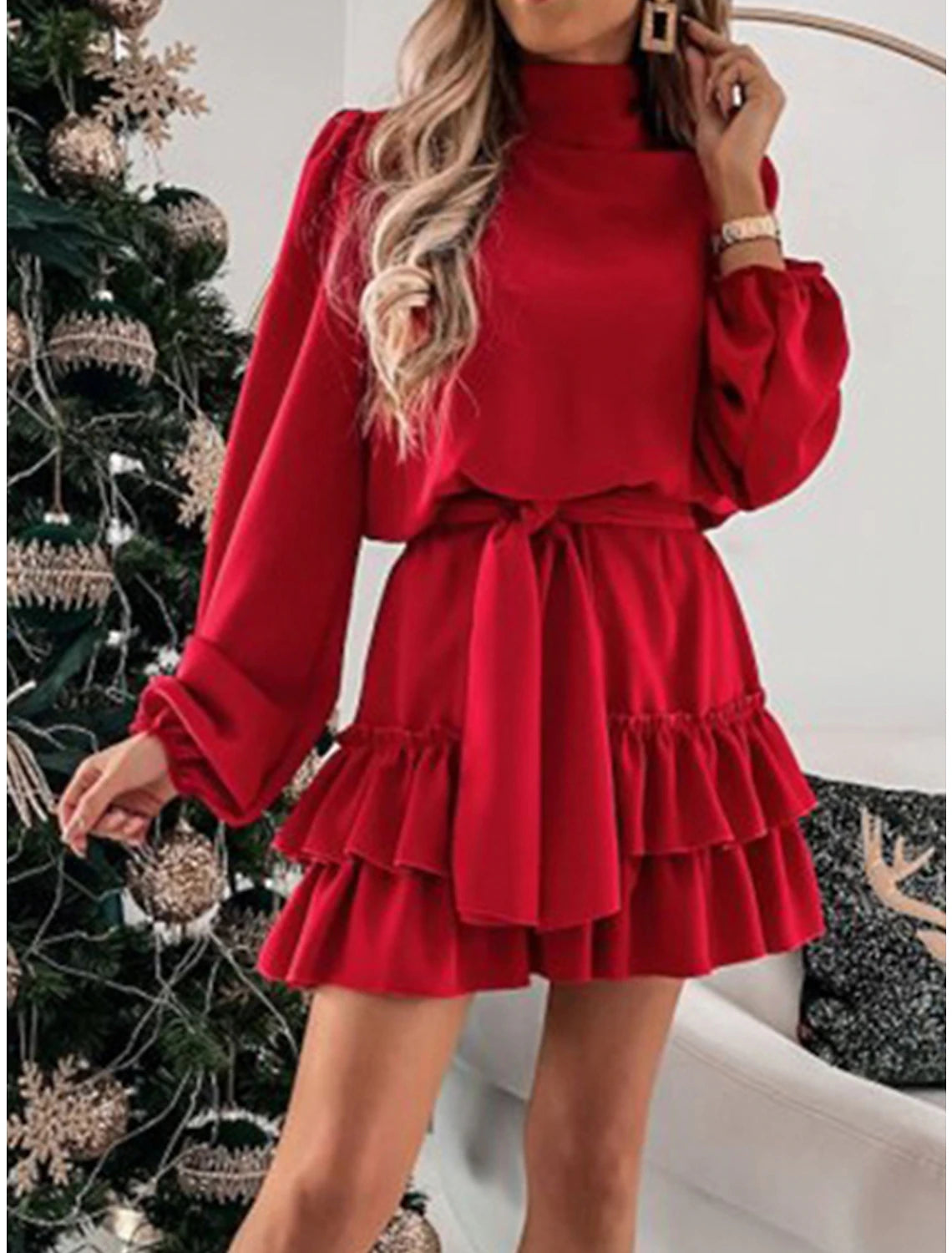 Summer Fashion Women's Red Christmas Party Dress Homecoming Dress Cocktail Dress Black Red Green Long Sleeve Lace up Stand Collar Fashion Winter Dress