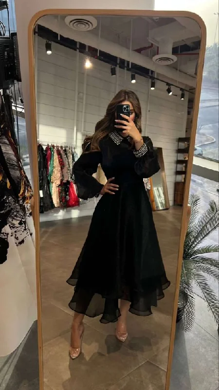 Stylish Looks Elegant Long Sleeves Prom Dress O Neck Tea Length Beaded Black Formal Women Party Gowns Y6260