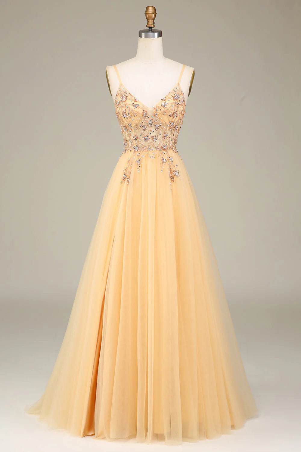 Mid - Week Surprise Amzcw Charming Golden A Line Spaghetti Straps Long Prom Dress with Beading prom dresses with long sleeves