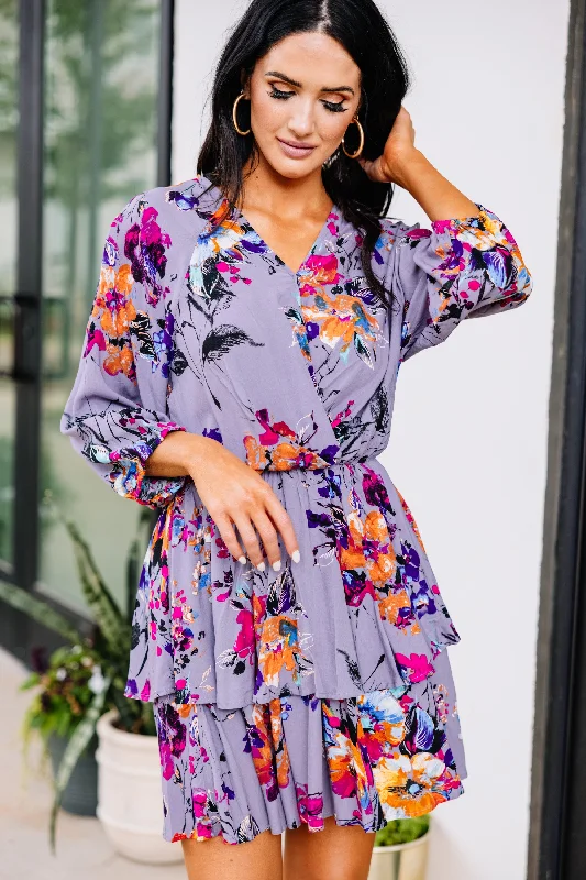 Winter Warm - Up Sale Influenced By Florals Lilac Gray Floral 3/4 Sleeve Dress