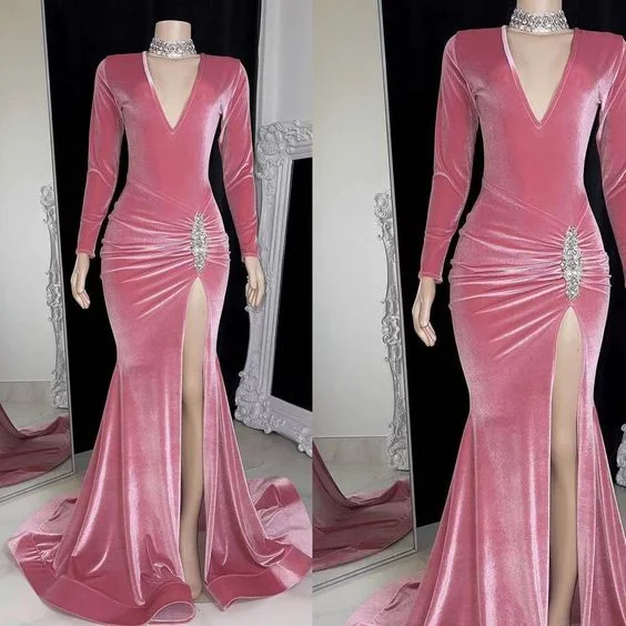 Special Occasion Wear Velvet prom dresses, pleats prom dresses, long sleeve prom dresses, pink prom dresses     S2456