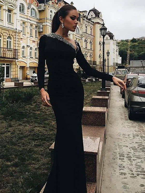 Mother'S Day Special Trumpet/Mermaid Long Sleeves One-Shoulder Spandex Beading Floor-Length Dresses