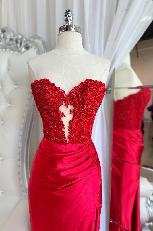 Evening Looks Sweetheart Red Sequin Ruched Satin Long Formal Dress