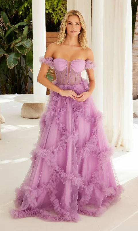 Chic Styles Sheer-Waist Off-Shoulder Long Prom Ball Gown Y1472