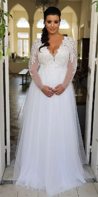 Hot Trends Long Sleeve Plus Size Deep V-neckline Wedding Dress