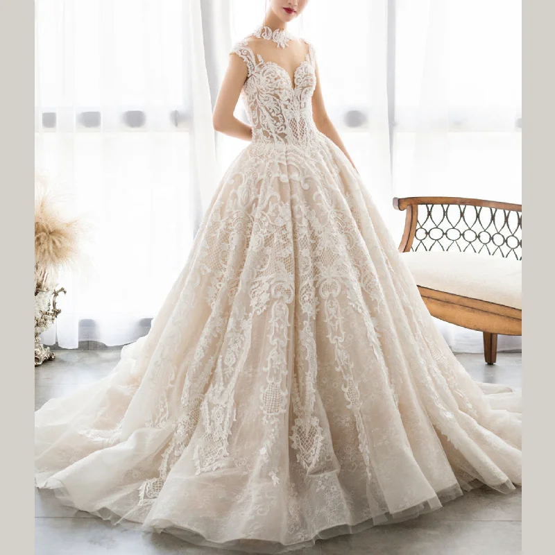 Update With Cottagecore Styles Sheer O-Neck A-line Lace Wedding Dress and Bridal Gown