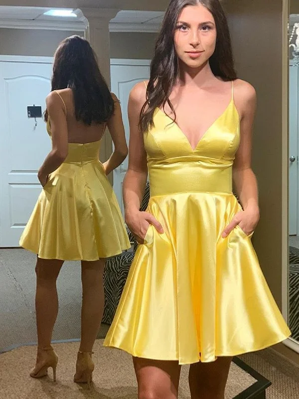 Big Savings Simple V Neck Backless Yellow Satin Long Prom Homecoming Dresses, Backless Yellow Formal Graduation Evening Dresses