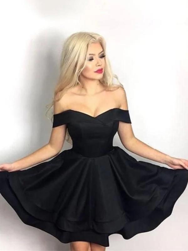 Clearance Event Cute Black Off Shoulder Layered Satin Short Prom Dresses Homecoming Dresses, Off Shoulder Black Formal Dresses, Black Evening Dresses