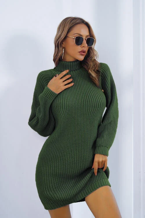 Day-To-Night Styles Buttoned Turtleneck Long Sleeve Sweater Dress