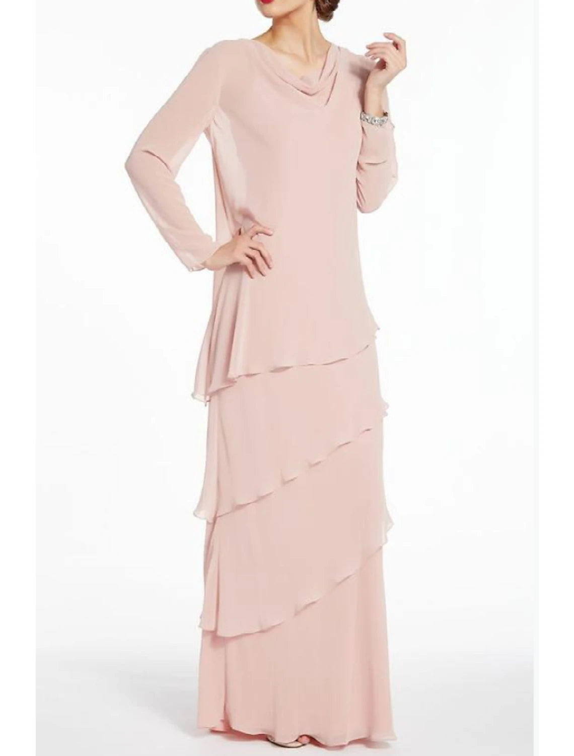 Evening Looks Sheath / Column Mother of the Bride Dress Elegant Jewel Neck Floor Length Chiffon Long Sleeve with Ruffles