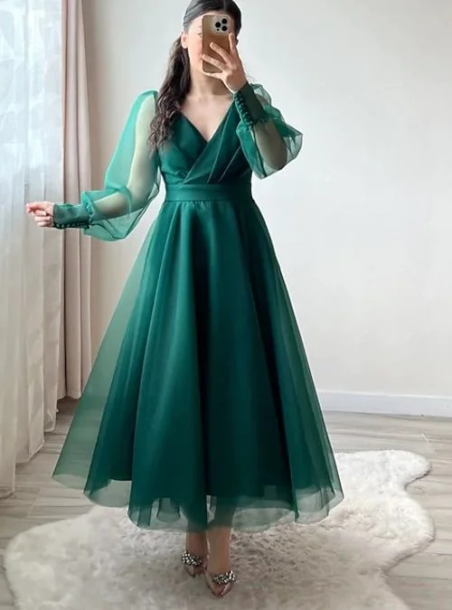 Save Big A-Line Cocktail Dresses Minimalist Dress Christmas Tea Length Long Sleeve V Neck Organza with Buttons      S2903